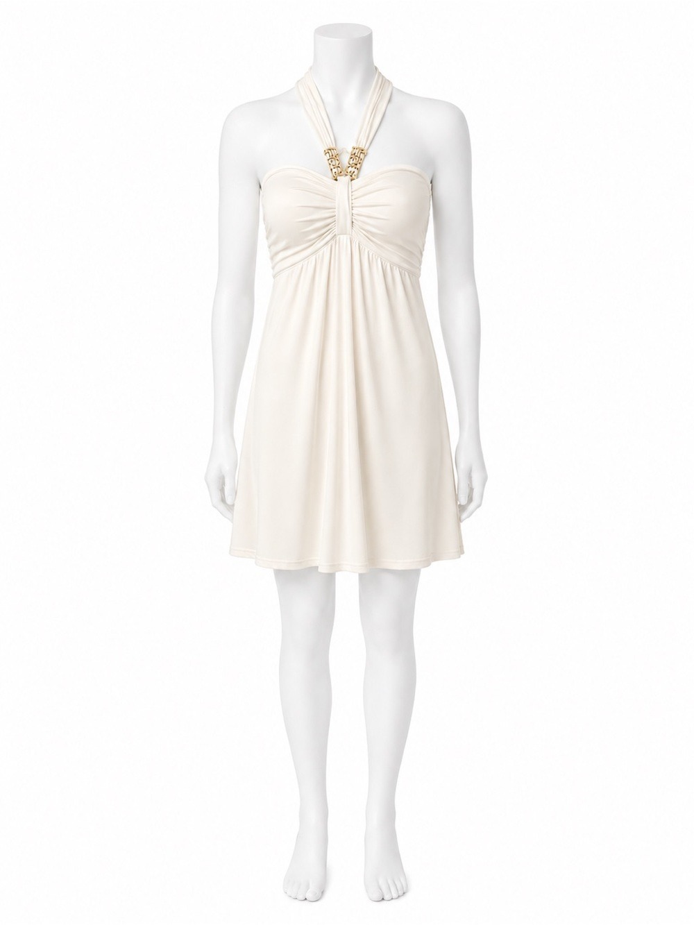Carmen Marc Valvo Halter Swim Dress Cream White Ruched One Piece Swimsuit 14 XL